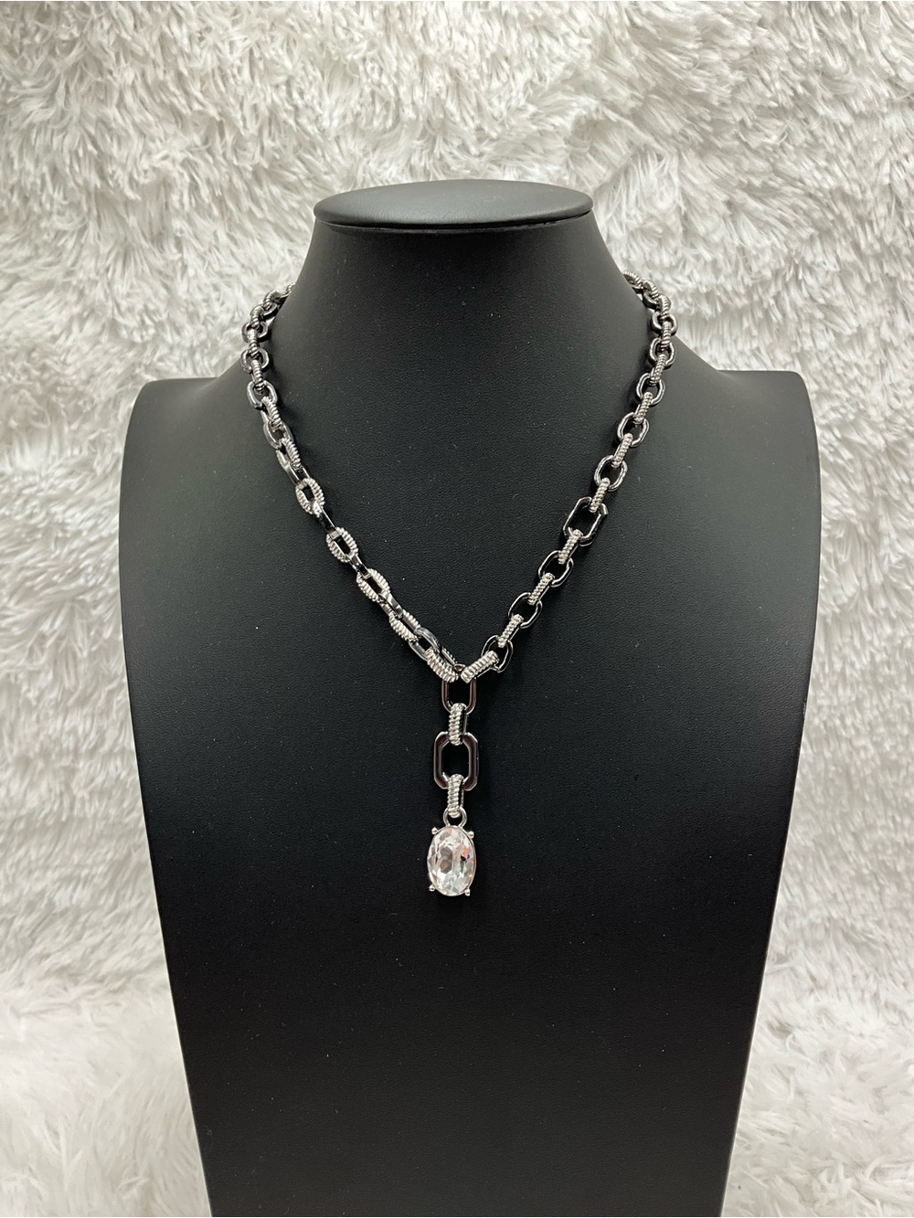 White House Black Market Black Silver Tone Crystal Pendant Chunky Chain Necklace